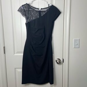 NWOT Calvin Klein women’s solid black ruched cocktail lace sheath knee dress 10‎
